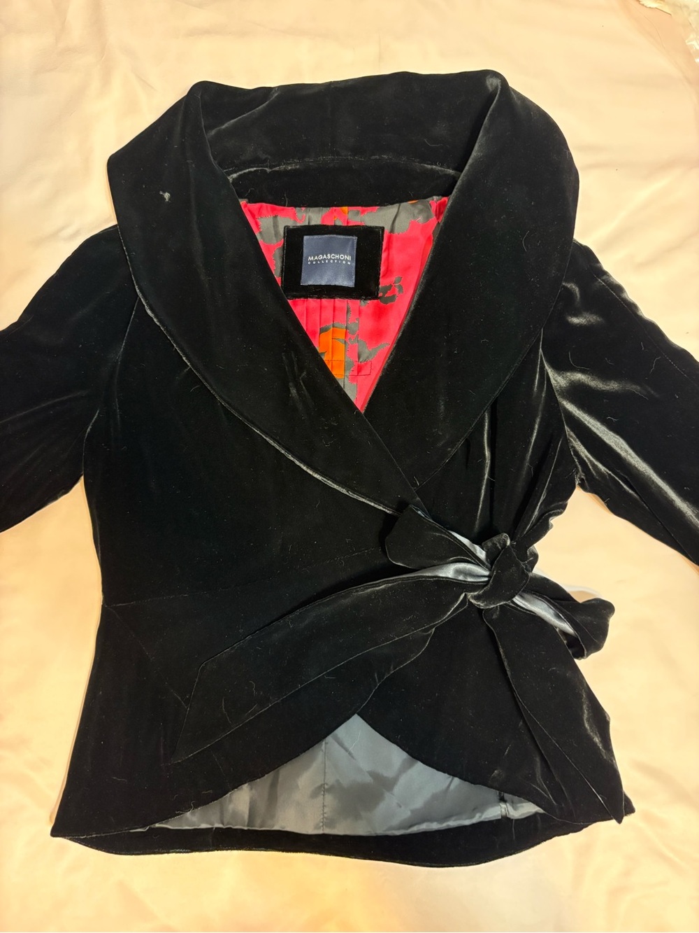 Magaschoni Black Velvet Wrap Blazer with Red Lined Interior